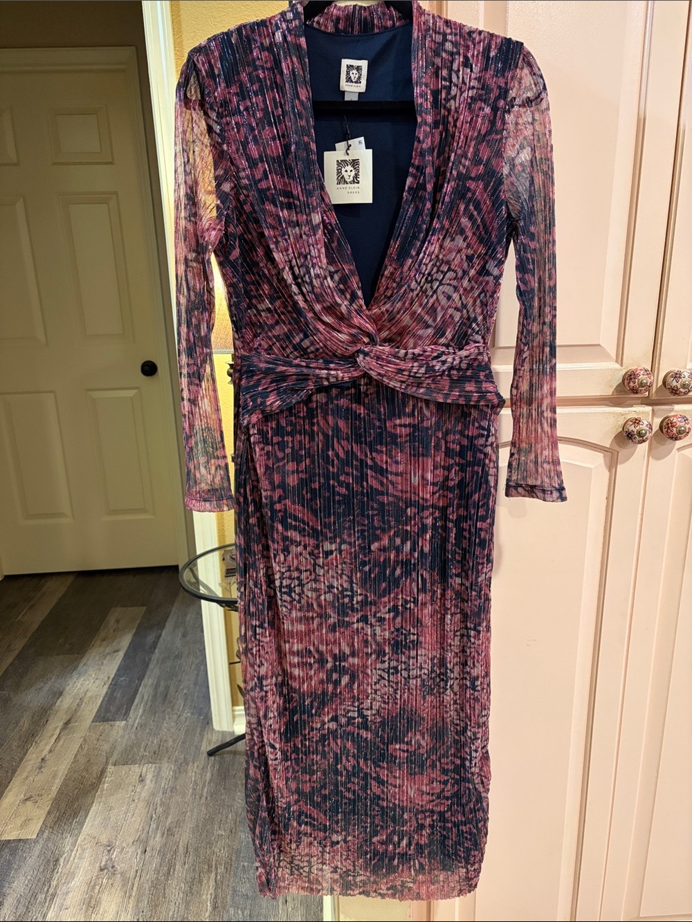 Anne Klein Pink and Black Twist-Front Pleated Midi Dress lotus pink multi color